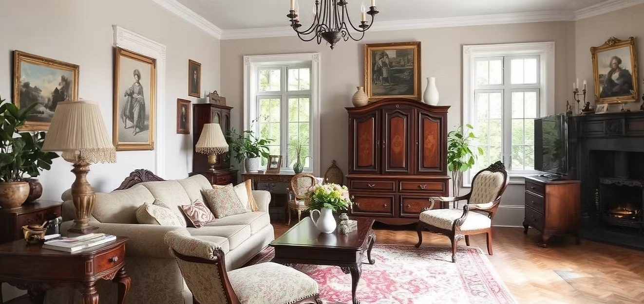 Bright living room with antique furniture, plants, and paintings on the walls.